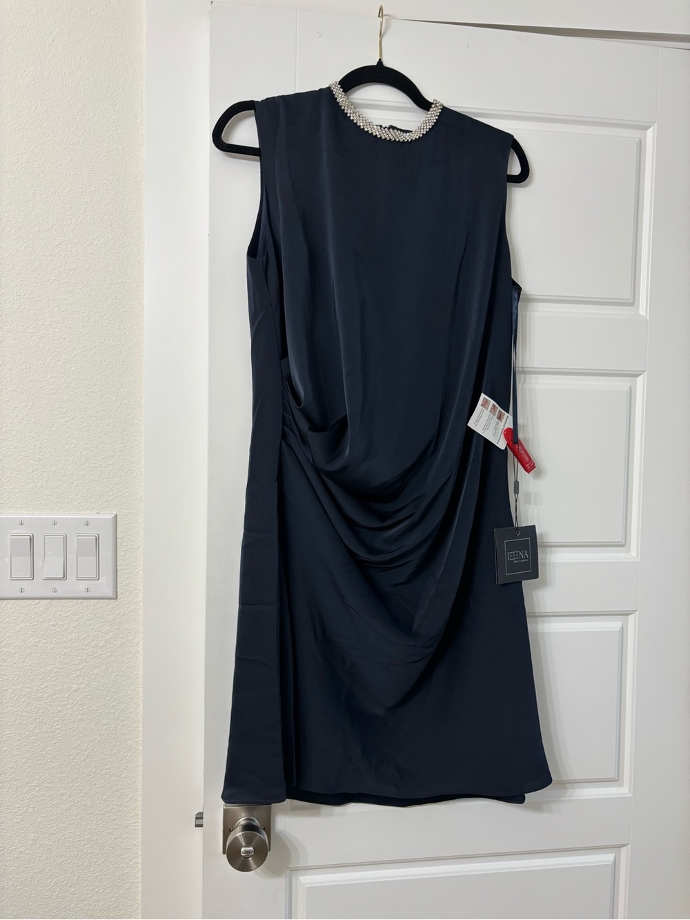 Sleeveless Navy Draped Dress with Embellished Neckline